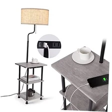  End Table Floor Lamp, Wood Nightstand Table Lamp for Bedrooms, 61 Inches Grey