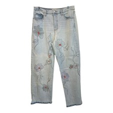 Jessica Simpson Women's Light Blue Denim Jeans Wide-Leg Floral Embroidered Cott…