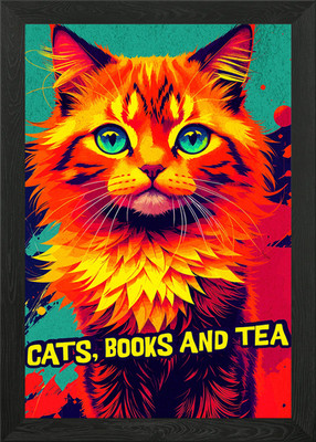 Katzen Bücher und Tee 4 gerahmte Wandbilder Poster Leinwanddruck Bild
