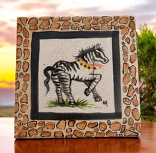 Hand Painted Ceramic Tile Trivet 6” X 6” Jungle Safari Zebra Artist Signed OOAK