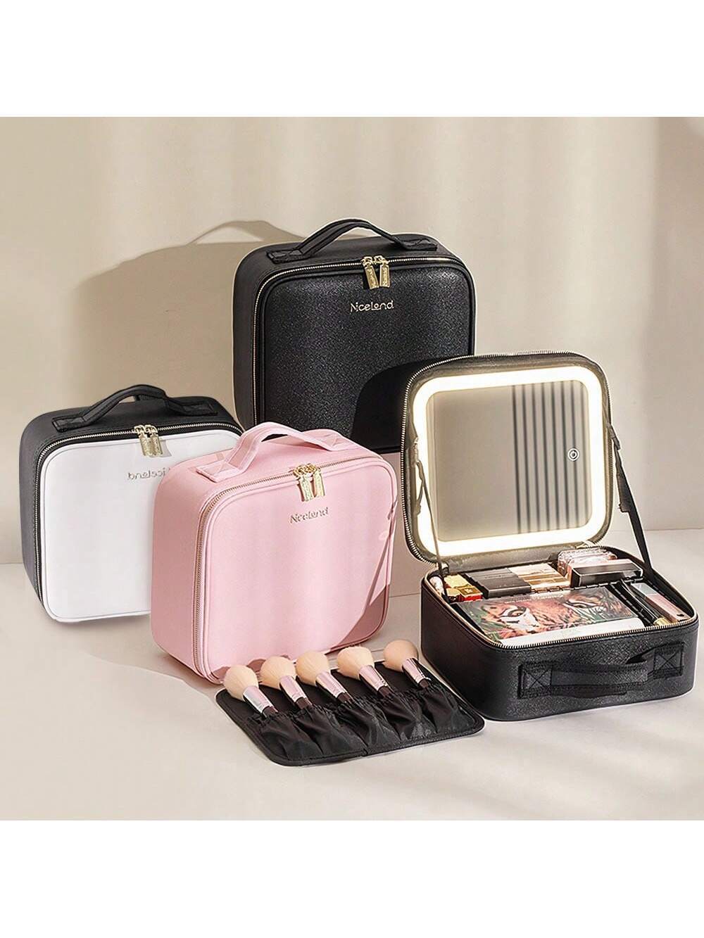 Makeup Bag Travel Cosmetic Organizer Makeup Train Soft Case with Mirror LED Lamp-image