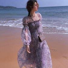 Women Organza Floral Dress Puff Ruffle Fairy Sweet Mesh Tull Midi Prom Gown Blue