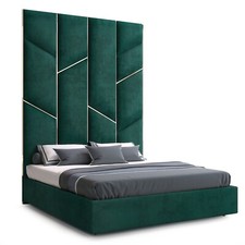 Luxury Velvet Bed Frame with Tall Upholstered Headboard & Gold Mirror Inlays