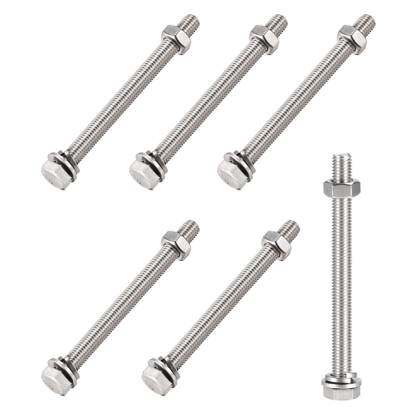 M10x120mm Hex Head Screws, Bolts, Nuts, Flat & Lock Washers Kit - 6 Sets for Heavy-Duty Fastening and Secure Assembly
