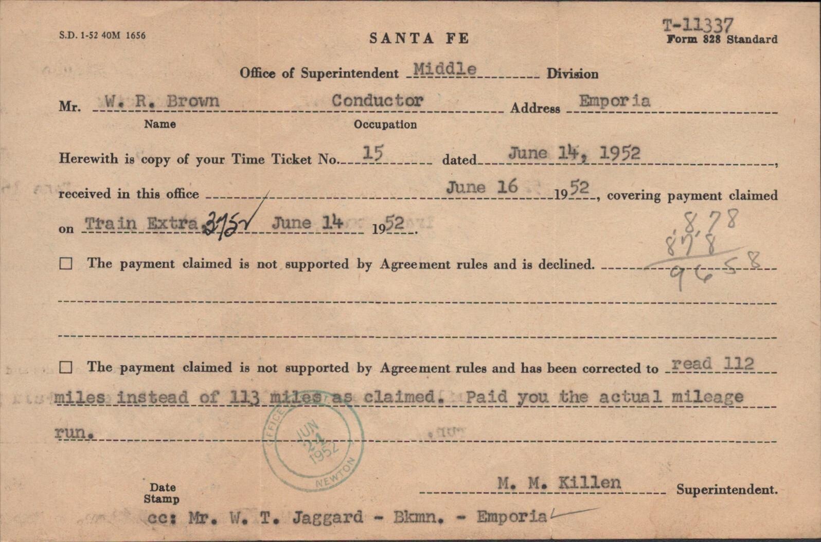 1952 SANTE FE RAILROAD payment correction form TRAIN CONDUCTOR Emporia, Kansas