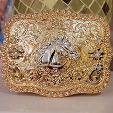 Horse Head Western belt Buckle Rose Tone  4.5 x 3.5 " With Rhinestones Shiny