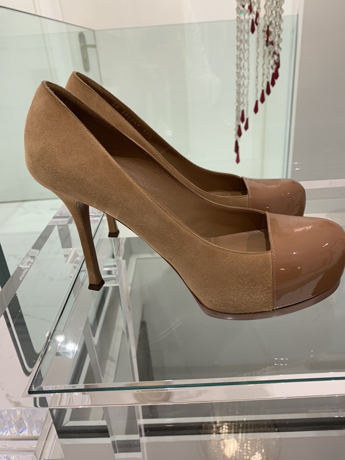 SAINT LAURENT Décolleté YSL Tribute Tribtoo in pelle verniciata scamosciata plateau nude marrone taglia 39 5