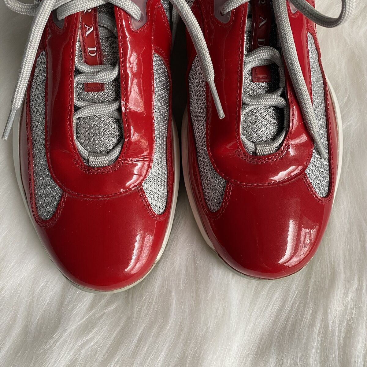 Prada America's Cup Red Patent Leather & Silver Mesh Lace-Up Prada America's Cup Red Patent Leather & Silver Mesh Lace-Up
