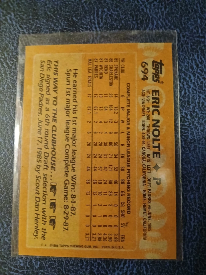 1988 Topps - #694 Eric Nolte (RC) ( BIG BLUE INK ERROR ) 🔥SUPER RARE ERROR 🔥 - Image 4 of 4
