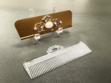 Vintage Jeweled W PEARL Ornate Brass Pocket Purse Comb Case W Kaiser Crown