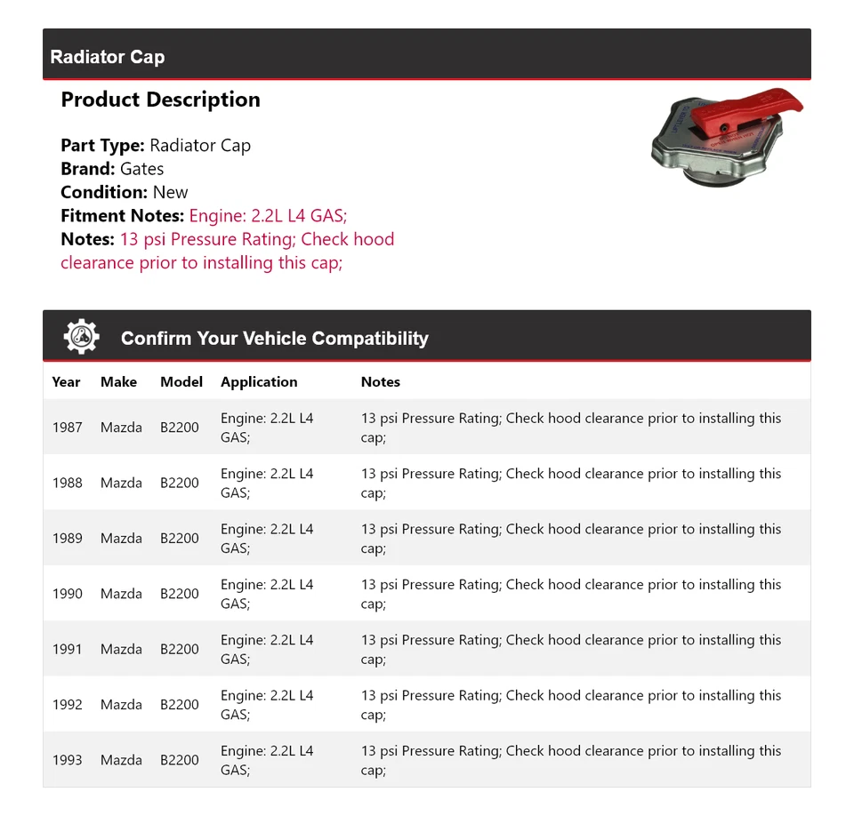 For 1987-1993 Mazda B2200 2.2L L4 GAS Radiator Cap Gates 1988 1989 1990 1991 - Image 2 of 4