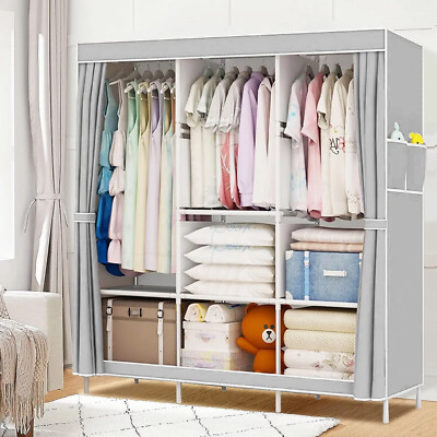 Heavy Duty Closet Organizer Wardrobe Clothes Shoe Clothes Rack w/ Cover Portable