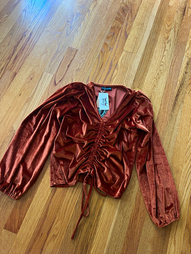 Sterling Kreek rust Solid Velvet V-Neck Long Sleeve Ruched Blouse Women M