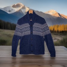 J. Crew 100 Lambswool Collared Cardigan Navy Blue Fair Isle Men's M Fisherman
