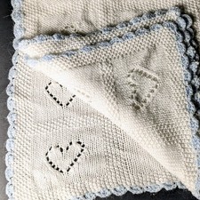 Hand Crocheted Baby Blanket Hearts White Blue Scalloped Edge 40x36 Handmade