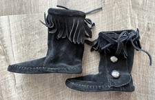 Vtg Taos Suede Moccasins Black Button Fringe Soft Sole New Size 9