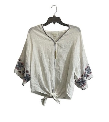 NWT Max Studio Blouse Med White Cropped Embroidered Sleeves Tie Front Peasant