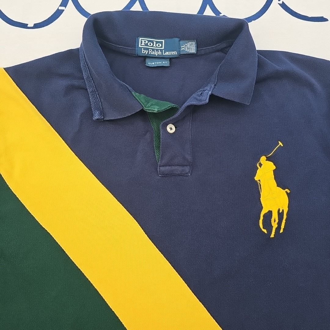 Polo Ralph Lauren Men's Classic Big Pony Blue, Yellow & Green Golf Shirt Size XL