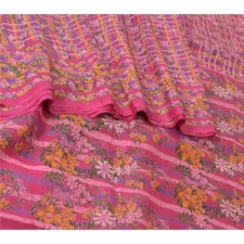 Sanskriti Vintage Sarees From India Hot-Pink Pure Silk Printed Sari Craft Fabric