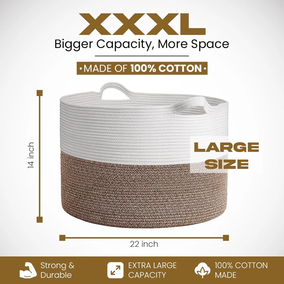 Large Blanket Basket 22 x 14"Big Cotton Rope basket Kids Toy& Living Room Basket - Image 3 of 4