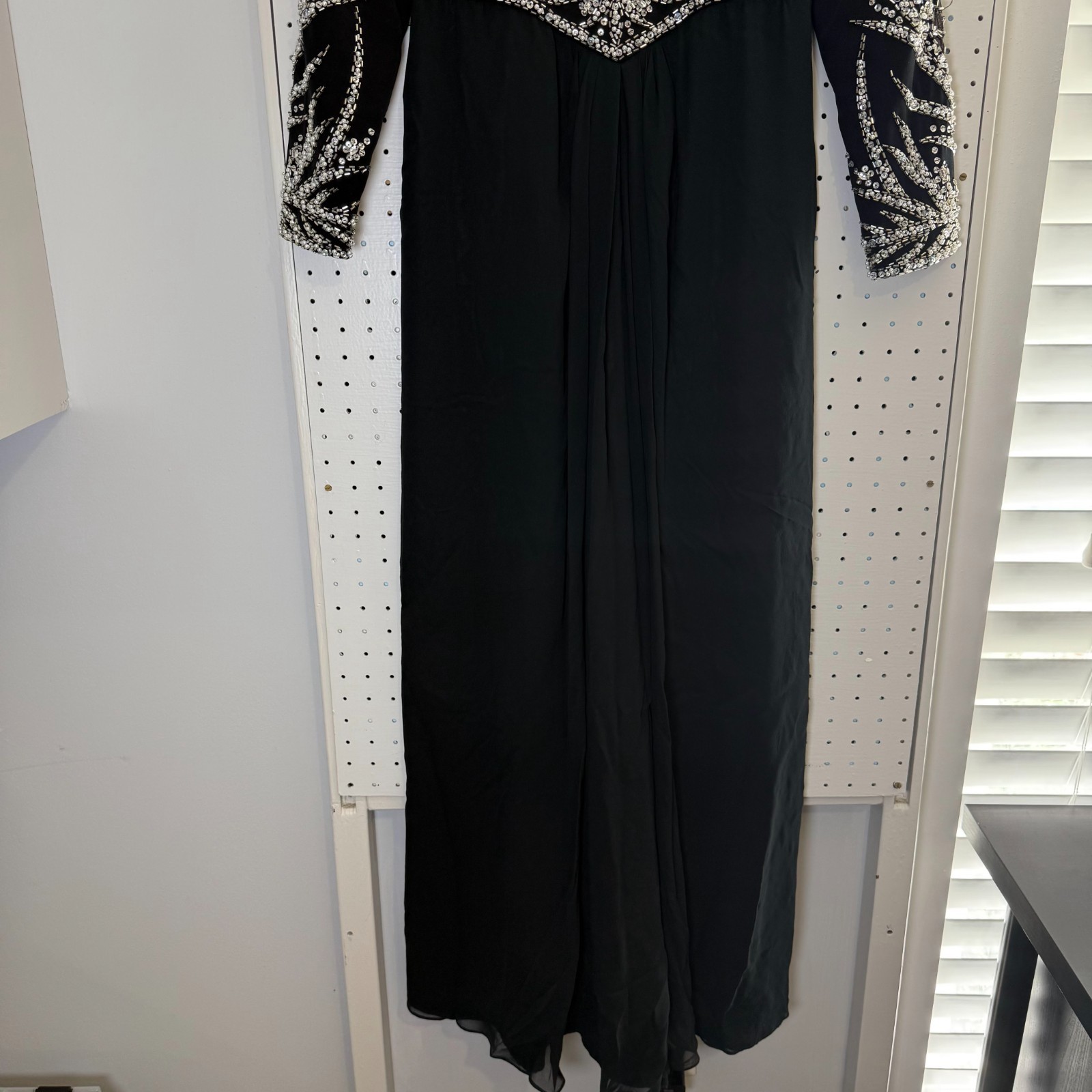 Vintage Oleg Cassini Black Tie Maxi Dress Womens 4 Black Beaded Embellished Silk