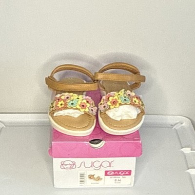 Sugar Girls Tan Sandals, Flower Accent, Hook & Loop, Open Toe, Size 8M