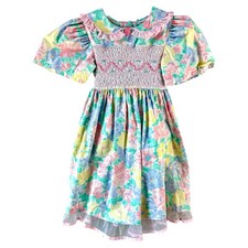 Vintage POLLY FLINDERS Smocked Dress Girls Size 5 Pastel Floral Made In USA