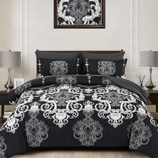 Queen Comforter Set, 7 Pieces Boho Bed in a Bag for Queen Bed, Black Damask Comf