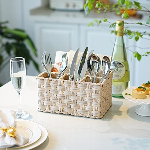  Wicker Utensil Organizer, Silverware Caddy, Countertop Spoon and Fork Holder 