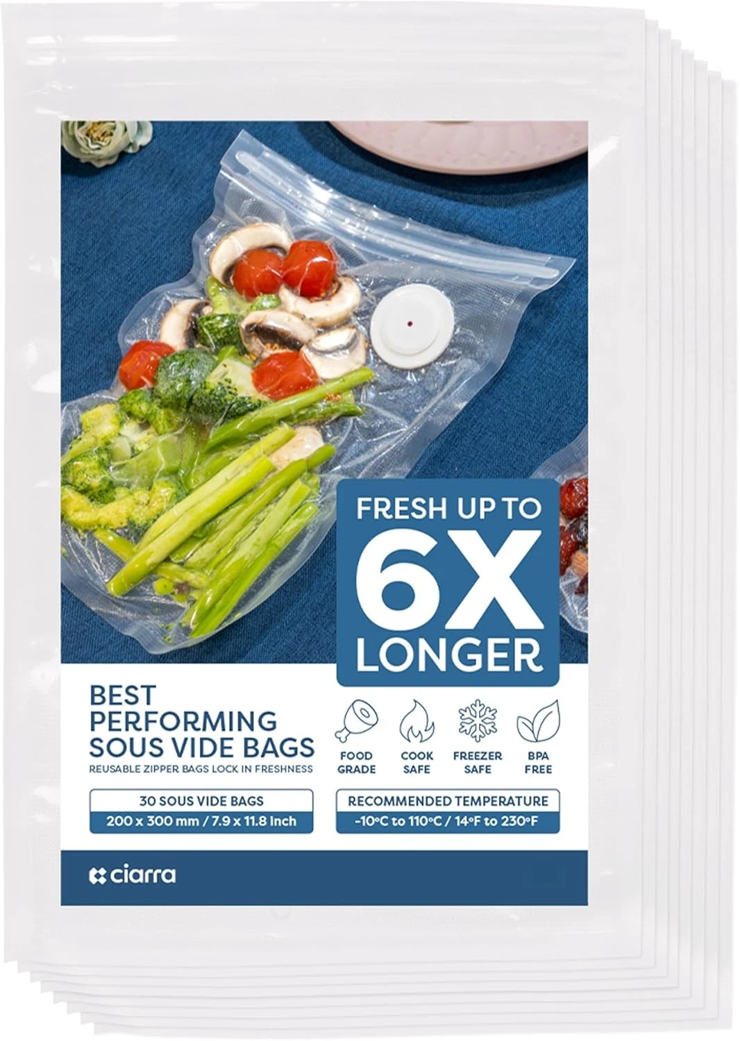 CIARRA Reusable Vacuum Sealer Bags 30 Pcs, 8" x 12" 8" x 12"