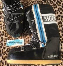 WOMEN THE ORIGINAL SNOW MOON BOOTS BLACK WHITE/BLUE STRIPES RARE VINTAGE 35/38