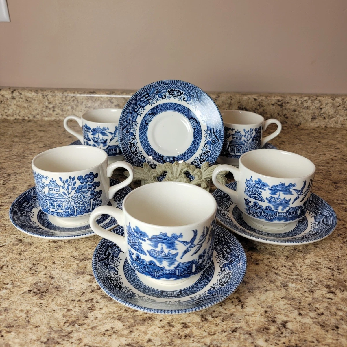 Lot De 4 Tasses à Thé Churchill Bleu Et Blanc – Fait En Angleterre, Vintage
