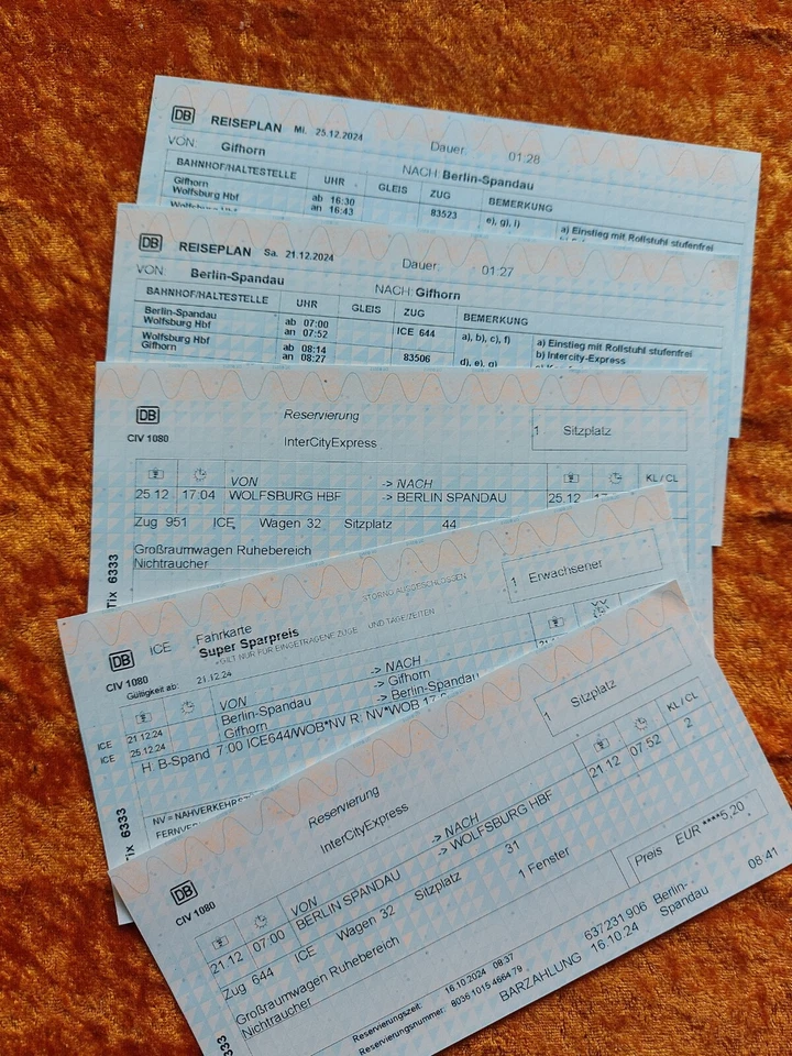 Bahnfahrkarten, hin/zurück, Berlin/Gifhorn