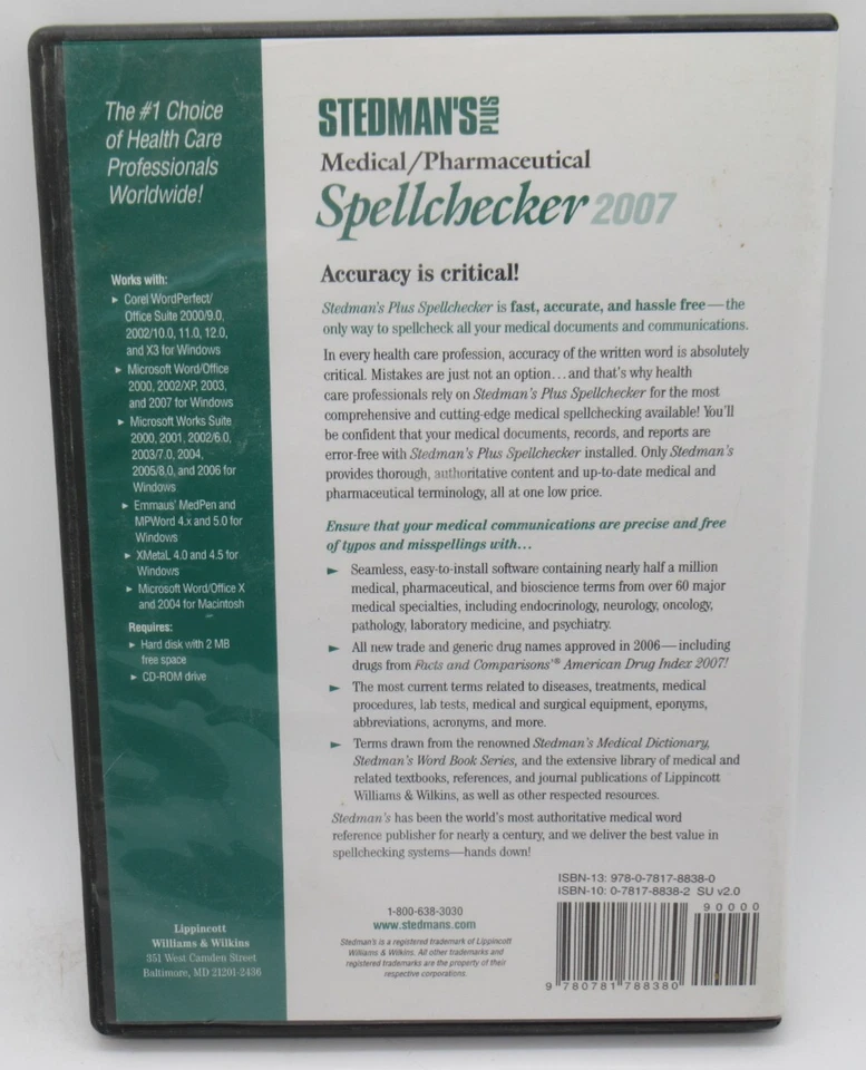STEDMAN'S PLUS 2007 MEDICAL/PHARMA SPELLCHECKER PC CD-ROM, WIN VISTA OFFICE 2007 - Image 2 of 3