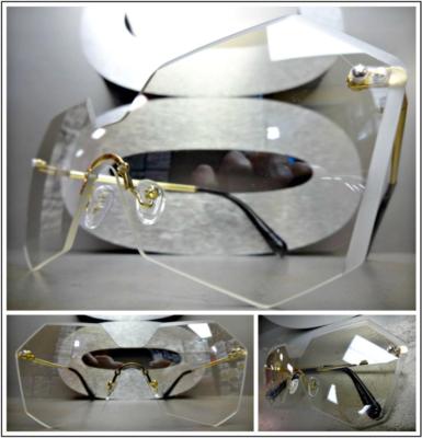 CLASSIC Modern RETRO SHIELD Style Clear Lens SUNGLASSES Large Gold Rimless Frame