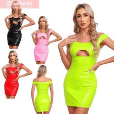 Woman PU Leather Mini Dress Cutout Off Shoulder Bodycon Pencil Clubwear Party