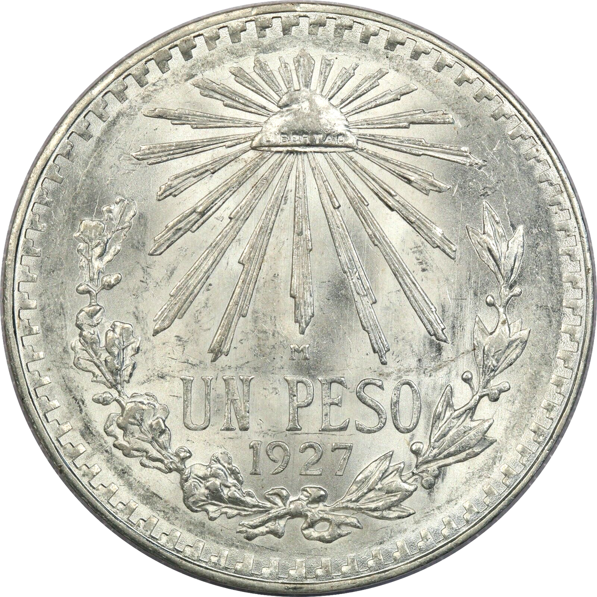 1927 Mexico 1 Peso .720 Fine Silver Coin, Choice Uncirculated BU