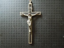 J1159 ANTIQUE PRIEST/MONK CROSS/PENDANT METAL WOOD INLAY SEE DESCRIPTION