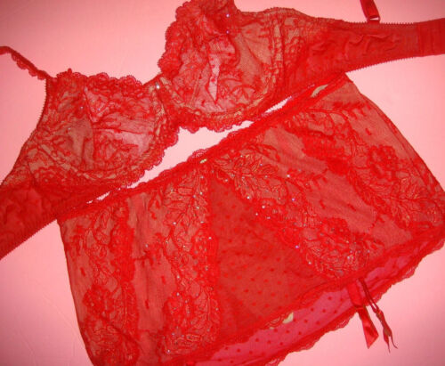 Victoria's Secret unlined 34D BRA SET GARTER skirt RED gold lace ANGEL FANTASIES - Picture 1 of 5