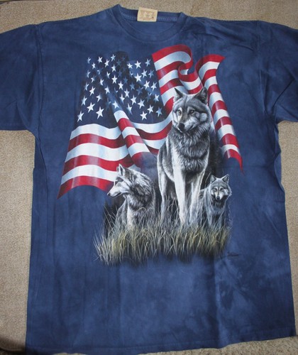 2XL The Mountain, American Flag Wolf, Proud Wolves, Blue, T-Shirt, Cotton