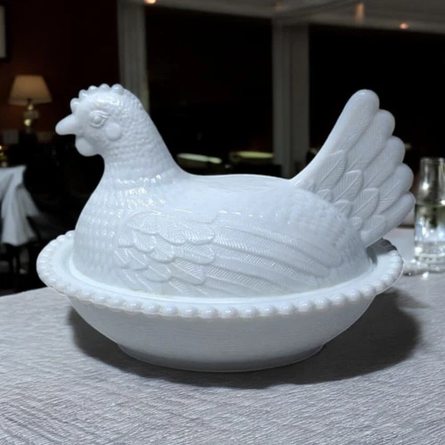 Vintage Indiana Glass Hen Chicken On Nest Candy Dish White Milk Glass 8"