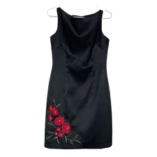 VTG Laundry by Shelli Segal Dress 6 Black Floral Embroidered 90s Vamp Cocktail