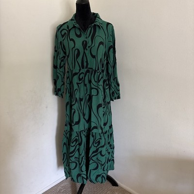 Zara Green & Black Midi Dress   Long Sleeve Flared Elegant Style Size Medium