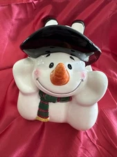 VTG 2pc Large 11” Ceramic SNOWMAN Candy Snack Dish Server Platter Tray Xmas