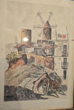 Watercolor Windmill and Landscape Painting by Spanish Artist; Antonio Valdez