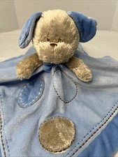 Carter's Puppy Dog Lovey Plush Baby Security Blanket Blue Tan Satin Rattle Dots