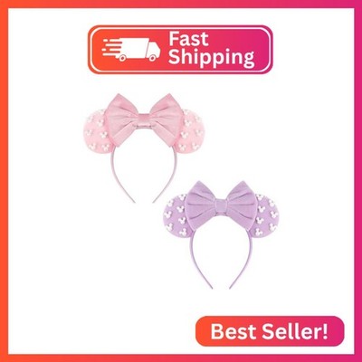 DRESHOW Mouse Ears Headbands for Women Pearl Hairbands Bow Head bands Velvet Hea