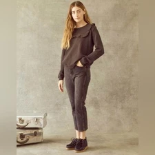 The Great Women's Size Small Almost Black Shrunken Bib Ruffle Collar Sweatshirt 