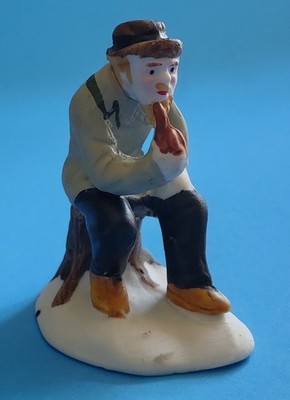 Lemax Christmas Village Figurine 1996 Porcelain Man On Log Smoking Pipe  2'' H