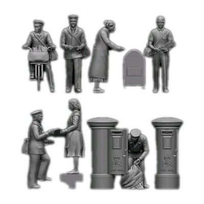  28mm unbemalte Postboten und Zivilisten Straßenleben Szene Tabletop Miniaturen 